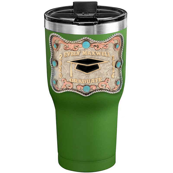 A customized tumbler made of stainless steel with a personalized engraved name and graduate cap figure, 30 oz, ideal for coffee or cool drinks